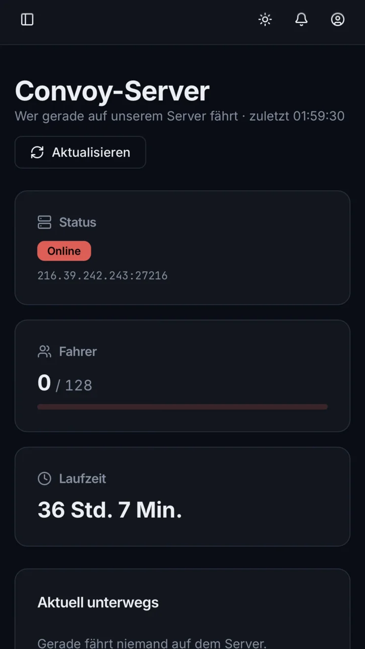 Convoy-Server Ansicht im NordCargo Fahrerportal