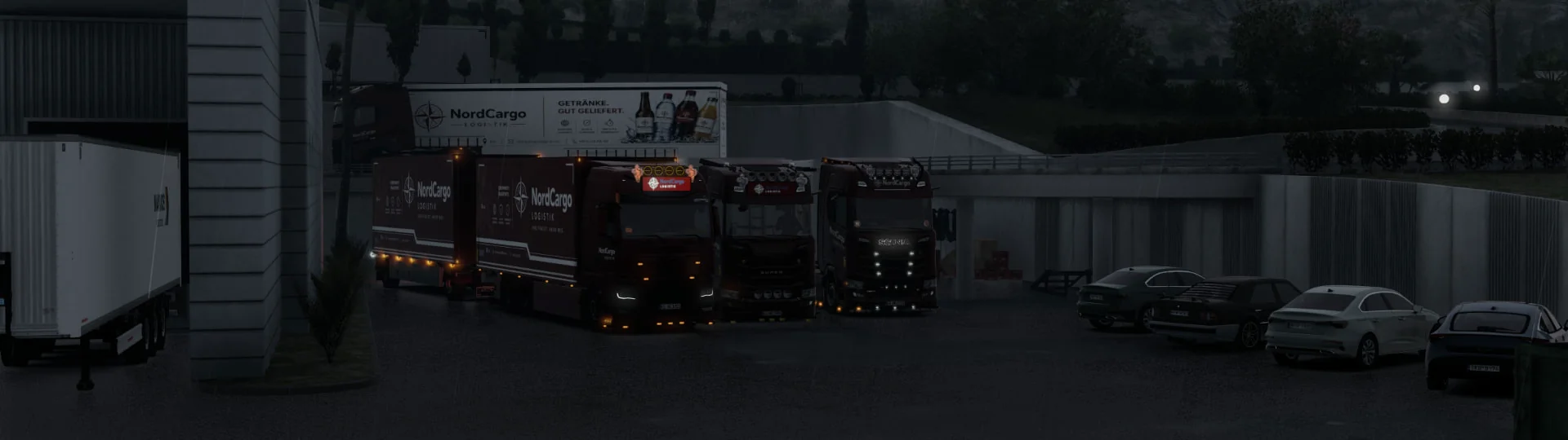 NordCargo Flotte auf dem Betriebshof bei Nacht